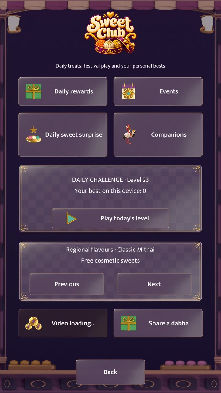 The Sweet Club screen with daily rewards, events and the daily challenge